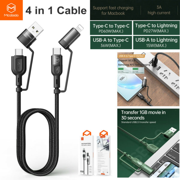 multifunctional 4 in 1 60w pd fast charge cable