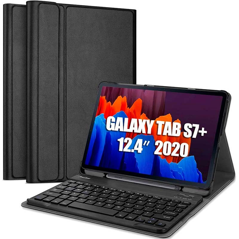 IVSO for Samsung Galaxy Tab S7 Plus 12.4 Keyboard Case 2020 Model SM-T970/T975/T976 with S Pen Holder PU Leather Stand Cover with Magnetically Detachable Wireless Keyboard for Galaxy Tab S7+ 